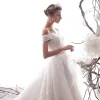 Modern / Fashion Champagne Wedding Dresses 2019 A-Line / Princess Off-The-Shoulder Beading Lace Flower Short Sleeve Backless Royal Train