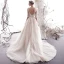 Elegant Champagne Wedding Dresses 2019 A-Line / Princess Scoop Neck Beading Lace Flower Appliques 1/2 Sleeves Backless Chapel Train