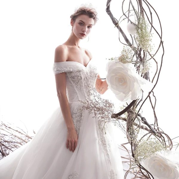 Elegant Ivory 2019 Wedding Dresses A-Line / Princess Off-The-Shoulder Beading Sequins Lace Flower Short Sleeve Backless Royal Train