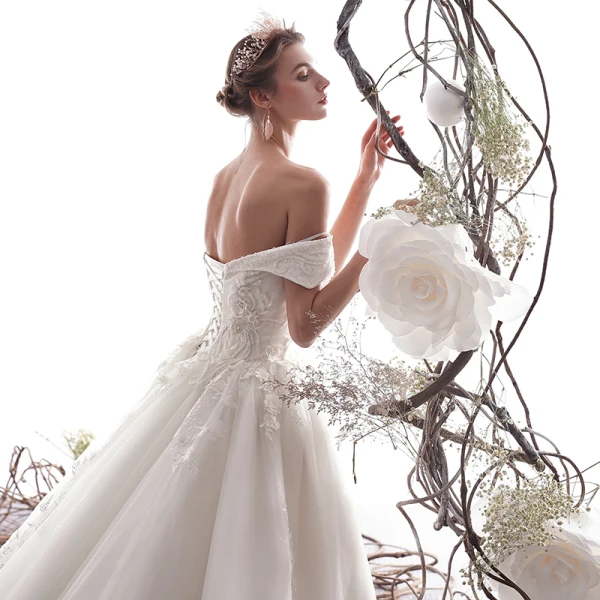 Elegant Ivory Wedding Dresses 2019 A-Line / Princess Off-The-Shoulder Beading Lace Flower Short Sleeve Backless Cathedral Train