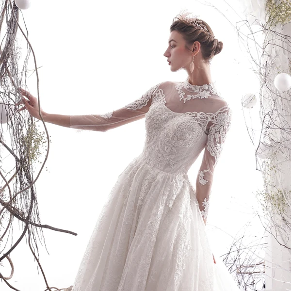 Elegant Ivory Wedding Dresses A-Line / Princess 2019 High Neck Beading Lace Flower 3/4 Sleeve Chapel Train