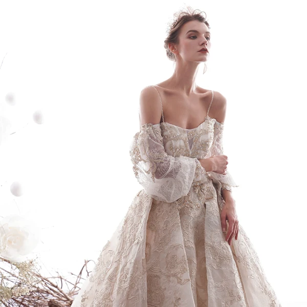 Luxury / Gorgeous Champagne Wedding Dresses 2019 A-Line / Princess Spaghetti Straps Beading Crystal Lace Flower 3/4 Sleeve Backless Royal Train