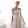 Luxury / Gorgeous Ivory Wedding Dresses 2019 A-Line / Princess Off-The-Shoulder Beading Lace Flower Short Sleeve Backless Royal Train