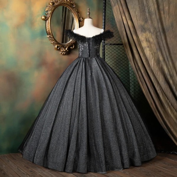 Vintage / Retro Black Quinceañera Prom Dresses 2021 Ball Gown Ruffle Off-The-Shoulder Beading Sequins Lace Flower Sleeveless Backless Floor-Length / Long Formal Dresses