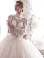 Chic / Beautiful Champagne 2019 Wedding Dresses A-Line / Princess High Neck Lace Flower Beading Crystal 3/4 Sleeve Backless Floor-Length / Long