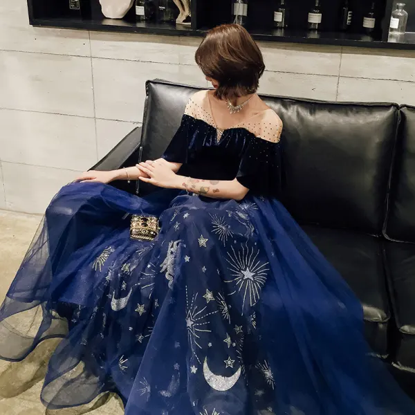 Modern / Fashion Navy Blue Evening Dresses 2019 A-Line / Princess V-Neck Glitter Star Rhinestone 1/2 Sleeves Backless Floor-Length / Long Formal Dresses