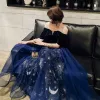 Mode Marineblau Abendkleider 2019 A Linie V-Ausschnitt Glanz Star Strass 1/2 Ärmel Rückenfreies Lange Festliche Kleider