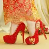 Style Chinois Rouge Perlage Chaussure De Mariée 2019 Fleur Gland 14 cm Talons Aiguilles À Bout Rond Mariage Escarpins