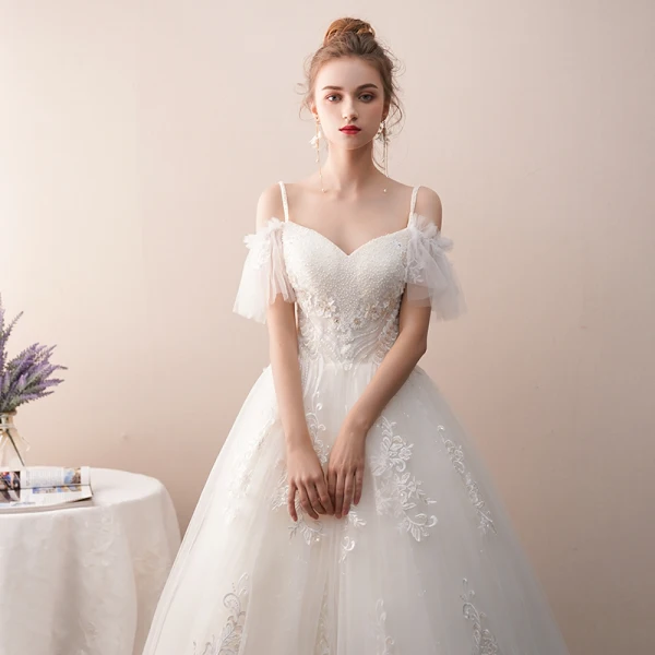 Charming Ivory Wedding Dresses 2019 A-Line / Princess Spaghetti Straps Beading Lace Flower Short Sleeve Backless Floor-Length / Long