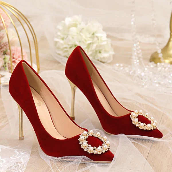 Fashion Red Pearl Rhinestone Wedding Shoes 2021 10 cm Stiletto Heels Pointed Toe Wedding Pumps High Heels