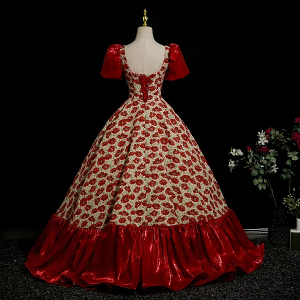 Fantaisie Bordeaux Fait main Appliques Floral Robe De Bal 2025 Robe Boule Encolure Carrée Manches Courtes Dos Nu Longue Robe De Ceremonie