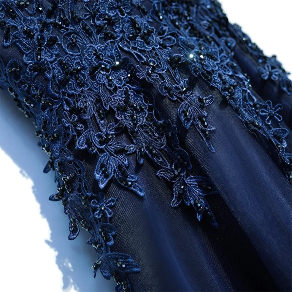 Chic / Beautiful Navy Blue Wedding Party Dresses Bridesmaid Dresses 2017 Lace Sequins Flower Backless Sleeveless Floor-Length / Long A-Line / Princess Scoop Neck