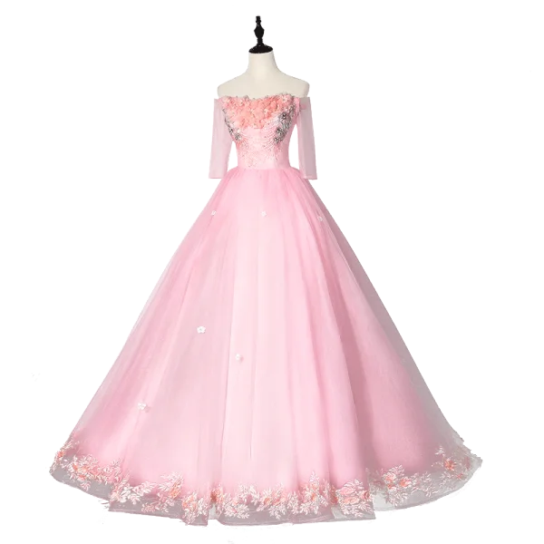 Flower Fairy Candy Pink Prom Dresses 2020 Ball Gown Off-The-Shoulder Pearl Rhinestone Appliques Lace Flower 1/2 Sleeves Backless Floor-Length / Long Formal Dresses