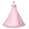 Flower Fairy Candy Pink Prom Dresses 2020 Ball Gown Off-The-Shoulder Pearl Rhinestone Appliques Lace Flower 1/2 Sleeves Backless Floor-Length / Long Formal Dresses