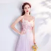 Chic / Beautiful Blushing Pink Evening Dresses  2018 A-Line / Princess Embroidered Butterfly Scoop Neck Sleeveless Ankle Length Formal Dresses