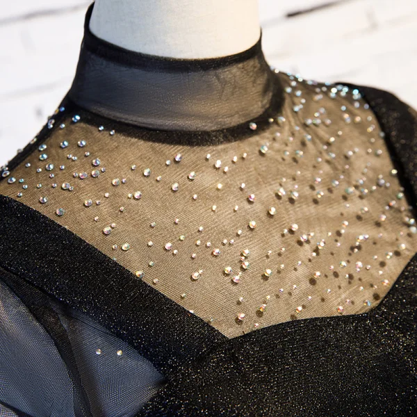 Elegant Vintage / Retro Black Prom Dresses 2019 A-Line / Princess High Neck Rhinestone Long Sleeve Floor-Length / Long Formal Dresses