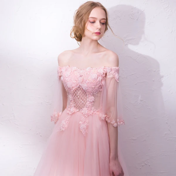 Chic / Belle Perle Rose Robe De Soirée 2018 Princesse Paillettes Appliques De l'épaule Dos Nu Manches Courtes Longue Robe De Ceremonie