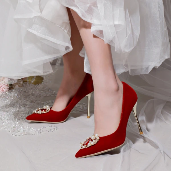 Piękne Czerwone Perła Rhinestone Buty Ślubne 2021 10 cm Szpilki Szpiczaste Ślub Czółenka Wysokie Obcasy