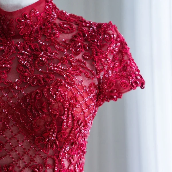 Chic / Belle Bordeaux Robe De Bal 2018 Princesse Fait main Perlage Paillettes En Dentelle Fleur Col Haut Manches Courtes Dos Nu Longueur Cheville Robe De Ceremonie