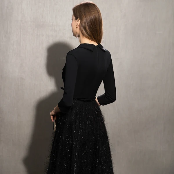 Élégant Noire Robe De Soirée 2019 Princesse V-Cou Noeud Paillettes Gland 3/4 Manches Longue Robe De Ceremonie