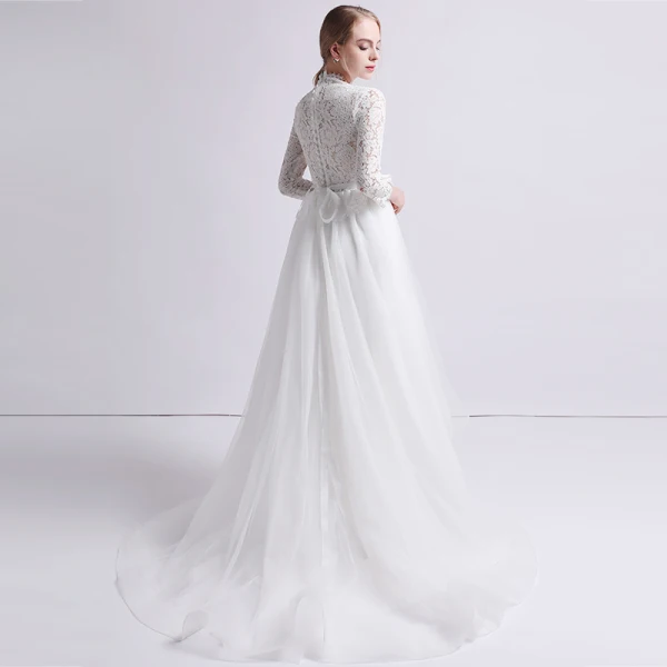 Vintage / Retro Ivory Beach Wedding Dresses 2019 A-Line / Princess High Neck Lace Bow 3/4 Sleeve Sweep Train