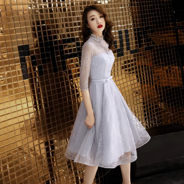 Elegant Grey Homecoming Graduation Dresses 2019 A-Line / Princess High Neck Sequins Lace Flower Bow 3/4 Sleeve Knee-Length Formal Dresses