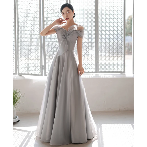Modest / Simple Grey Evening Dresses  2021 A-Line / Princess Off-The-Shoulder Short Sleeve Backless Evening Party Floor-Length / Long Formal Dresses