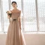 Charming Champagne Star Sequins Prom Dresses 2021 A-Line / Princess Square Neckline Short Sleeve Backless Bow Floor-Length / Long Formal Dresses