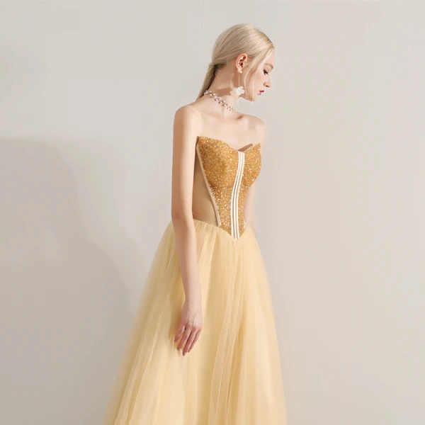 Sexy Gold Prom Dresses 2019 A-Line / Princess Strapless Beading Crystal Sleeveless Backless Floor-Length / Long Formal Dresses