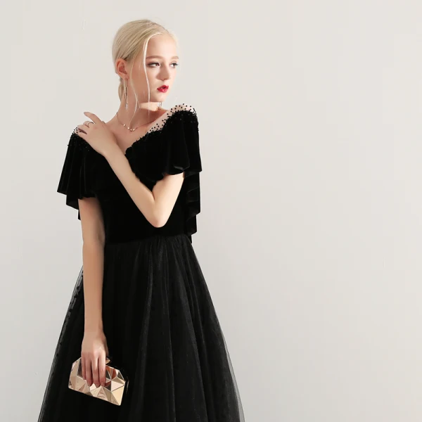 Elegant Black Prom Dresses 2019 A-Line / Princess V-Neck Suede Beading Short Sleeve Backless Floor-Length / Long Formal Dresses