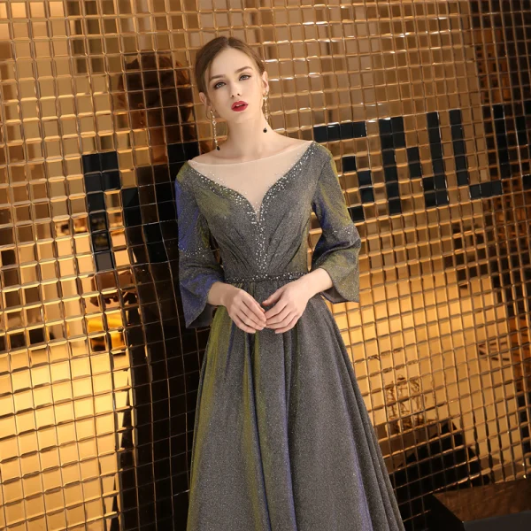 Elegant Grey Evening Dresses  2019 A-Line / Princess Scoop Neck Sequins 3/4 Sleeve Backless Floor-Length / Long Formal Dresses
