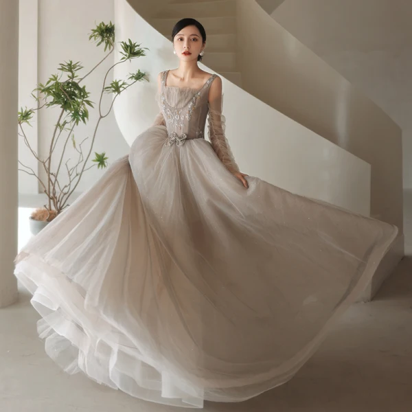 Fashion Grey Beading Prom Dresses 2021 A-Line / Princess Square Neckline Long Sleeve Bow Backless Floor-Length / Long Formal Dresses