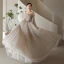 Fashion Grey Beading Prom Dresses 2021 A-Line / Princess Square Neckline Long Sleeve Bow Backless Floor-Length / Long Formal Dresses
