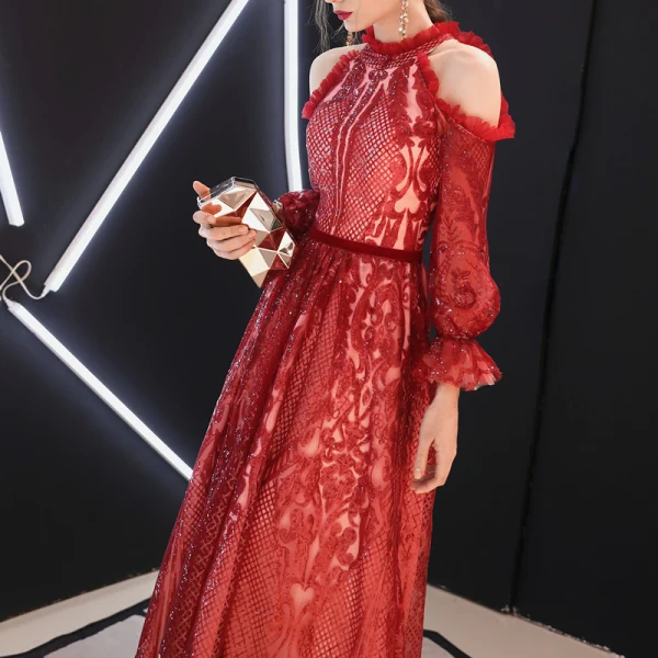 Chic / Belle Bordeaux Robe De Soirée 2019 Princesse Bustier Dentelle Paillettes Gonflée Manches Longues Dos Nu Longue Robe De Ceremonie