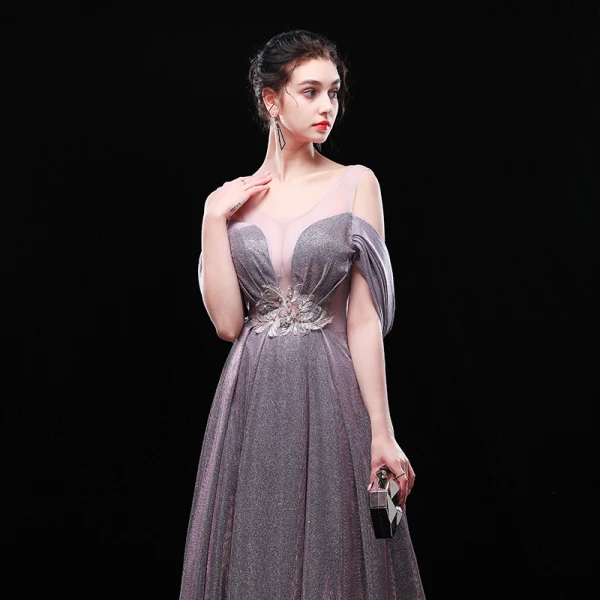Charming Silver Evening Dresses  2019 A-Line / Princess V-Neck Glitter Polyester Lace Flower Sleeveless Backless Floor-Length / Long Formal Dresses