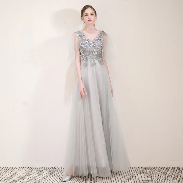 Elegant Grey Evening Dresses  2019 A-Line / Princess V-Neck Appliques Lace Flower Pearl Rhinestone Short Sleeve Backless Floor-Length / Long Formal Dresses