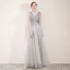 Elegant Grey Evening Dresses  2019 A-Line / Princess V-Neck Appliques Lace Flower Pearl Rhinestone Short Sleeve Backless Floor-Length / Long Formal Dresses