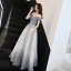 Charmant Silber Farbverlauf Abendkleider 2019 A Linie Off Shoulder Glanz Polyester Kurze Ärmel Rückenfreies Lange Festliche Kleider