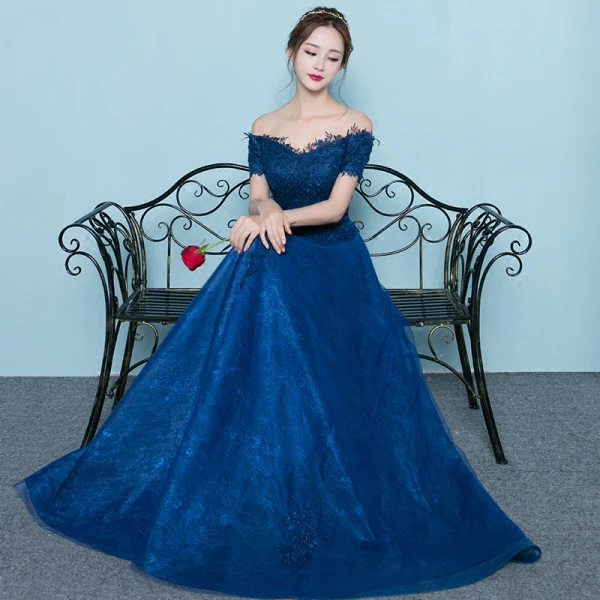 Chic / Beautiful Navy Blue Evening Dresses 2019 A-Line / Princess Off-The-Shoulder Lace Flower Short Sleeve Backless Floor-Length / Long Formal Dresses