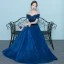 Chic / Beautiful Navy Blue Evening Dresses  2019 A-Line / Princess Off-The-Shoulder Lace Flower Short Sleeve Backless Floor-Length / Long Formal Dresses