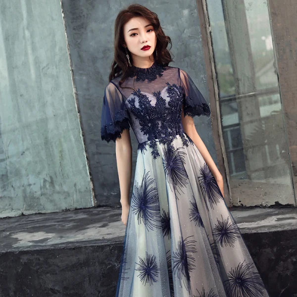 Elegant Navy Blue Evening Dresses  2019 A-Line / Princess Scoop Neck Beading Lace Flower Short Sleeve Backless Floor-Length / Long Formal Dresses