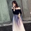 Elegant Gradient-Color Navy Blue Evening Dresses  2019 A-Line / Princess Suede Off-The-Shoulder Metal Sash 3/4 Sleeve Backless Floor-Length / Long Formal Dresses