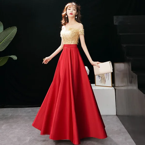 Charming Gold Evening Dresses A-Line / Princess 2019 Off-The-Shoulder Sequins Tassel Short Sleeve Backless Floor-Length / Long Formal Dresses