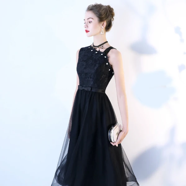 Chic / Beautiful Black Homecoming Graduation Dresses 2018 A-Line / Princess Rhinestone Bow One-Shoulder Backless Sleeveless Tea-length Formal Dresses