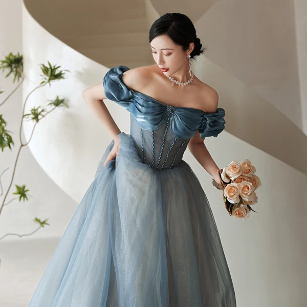 Sexy Pool Blue Prom Dresses 2021 A-Line / Princess Ruffle Off-The-Shoulder Rhinestone Short Sleeve Backless Floor-Length / Long Formal Dresses