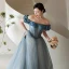 Sexy Pool Blue Prom Dresses 2021 A-Line / Princess Ruffle Off-The-Shoulder Rhinestone Short Sleeve Backless Floor-Length / Long Formal Dresses