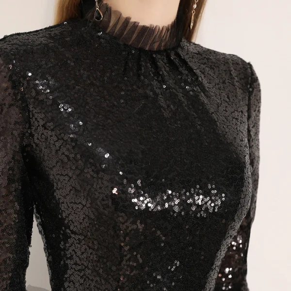 Chic / Belle Noire de retour Robe De Graduation 2019 Princesse Col Haut Paillettes 1/2 Manches Longueur Cheville Robe De Ceremonie