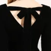 Modest / Simple Black Evening Dresses  2019 A-Line / Princess Square Neckline Suede Backless Bow 3/4 Sleeve Tea-length Formal Dresses