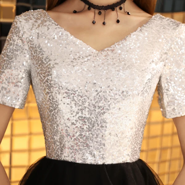 Modern / Fashion Black Homecoming Graduation Dresses 2019 A-Line / Princess V-Neck Sequins Short Sleeve Backless Tea-length Formal Dresses