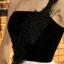 Chic / Belle Noire Robe De Soirée 2019 Princesse Une épaule En Dentelle Daim Sans Manches Dos Nu Thé Longueur Robe De Ceremonie